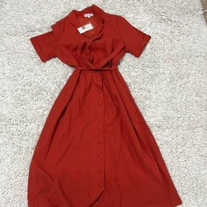 Red/orange button up dress with waste tie short sleeve